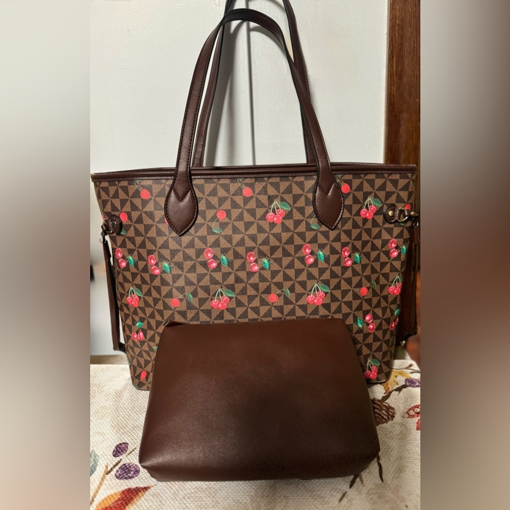 Elegant Brown Tote with Cherry Design